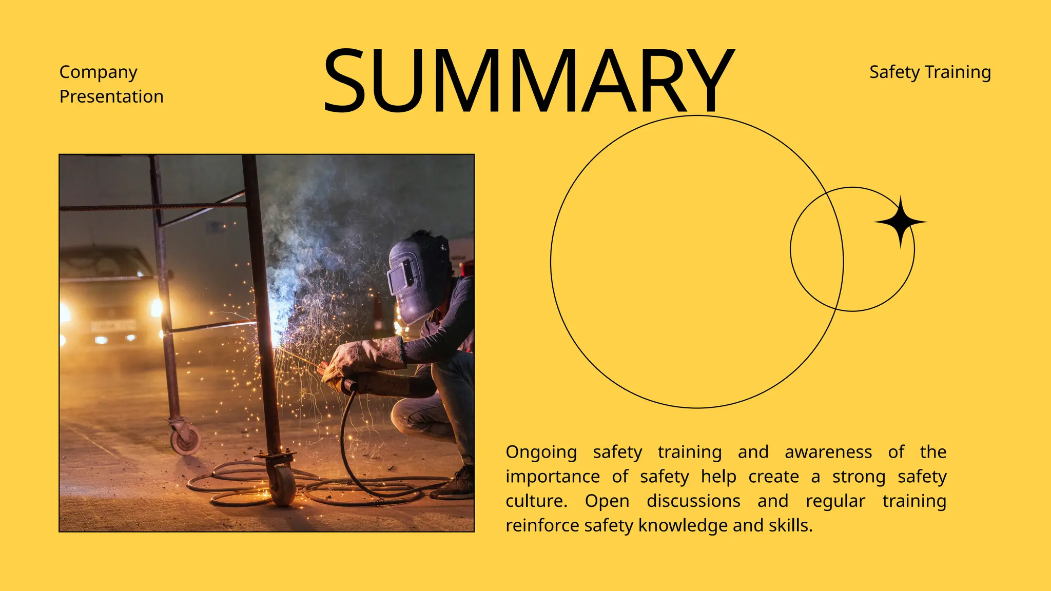 SUMMARY
Ongoing safety training and awareness of the
importance of safety help create a strong safety
culture. Open discussions and regular training
reinforce safety knowledge and skills.
Company
Presentation
Safety Training
 