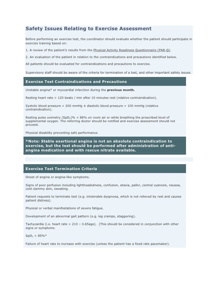 Safety issues relating to exercise assessment
