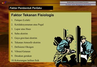 Health Safety & Environment Executive
Excellent Safety Management Performance
Safety Leadership 1/Rev. 00 ©Copyright, Sentral Sistem Okt 08
36
Faktor Pembentuk Perilaku
Faktor Tekanan Fisiologis
1. Fatique (Lelah)
2. Ketidaknyamanan atau Pegal
3. Lapar atau Haus
4. Suhu ekstrim
5. Gaya gravitasi ekstrim
6. Tekanan Atmosfir ekstrim
7. Defisiensi Oksigen
8. Vibrasi/Getaran
9. Desakan gerakan
10.Kekurangan latihan fisik
 