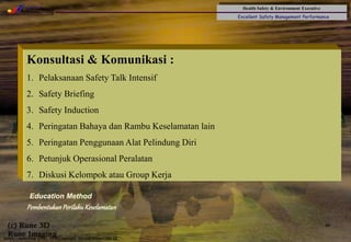 Health Safety & Environment Executive
Excellent Safety Management Performance
Safety Leadership 1/Rev. 00 ©Copyright, Sentral Sistem Okt 08
44
PembentukanPerilakuKeselamatan
Konsultasi & Komunikasi :
1. Pelaksanaan Safety Talk Intensif
2. Safety Briefing
3. Safety Induction
4. Peringatan Bahaya dan Rambu Keselamatan lain
5. Peringatan Penggunaan Alat Pelindung Diri
6. Petunjuk Operasional Peralatan
7. Diskusi Kelompok atau Group Kerja
Education Method
 