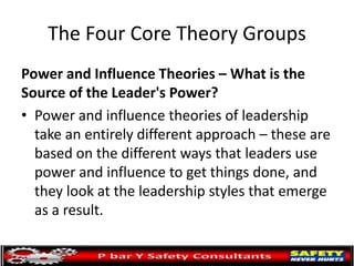 The Four Core Theory Groups
Power and Influence Theories – What is the
Source of the Leader's Power?
• Power and influence...