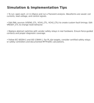 Simulation & Implementation Tips
To run: open each .cir in LTspice and run a Transient analysis. Waveforms are saved: coil
currents, load voltage, and control signals.
Edit PWL sources (VSENS_CTL, VCH1_CTL, VCH2_CTL) to create custom fault timings. Edit
VRESET_CTL to change reset behavior.
Replace abstract switches with vendor safety relays in real hardware. Ensure force-guided
contacts and proper diagnostic coverage.
Follow IEC 60204-1 and ISO 13849-1. For PL d/e targets, consider certified safety relays
or safety controllers and documented MTTFd/DC calculations.
 