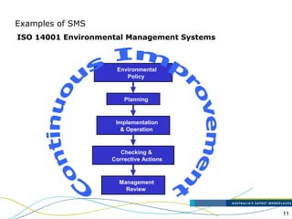 11
ISO 14001 Environmental Management Systems
Environmental
Policy
Management
Review
Planning
Implementation
& Operation
Checking &
Corrective Actions
Examples of SMS
 