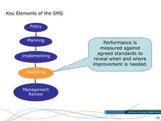 16
Key Elements of the SMS
Performance is
measured against
agreed standards to
reveal when and where
improvement is needed.
Policy
Planning
Implementing
Assessing
Management
Review
 