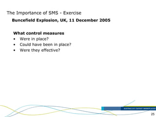 25
The Importance of SMS - Exercise
What control measures
• Were in place?
• Could have been in place?
• Were they effective?
Buncefield Explosion, UK, 11 December 2005
 
