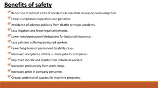 Benefits of safety
Reduction of indirect costs of accidents & industrial insurance premiums/costs.
Fewer compliance inspections and penalties.
Avoidance of adverse publicity from deaths or major accidents.
Less litigation and fewer legal settlements.
Lower employee payroll deductions for industrial insurance.
Less pain and suffering by injured workers.
Fewer long-term or permanent disability cases.
Increased acceptance of bids — more jobs for companies.
Improved morale and loyalty from individual workers.
Increased productivity from work crews.
Increased pride in company personnel.
Greater potential of success for incentive programs.
 