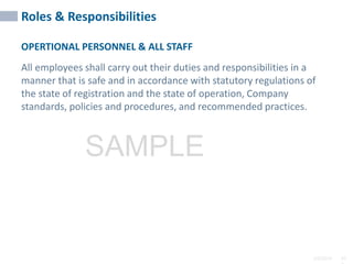 2/6/2024 10
SAMPLE
Roles & Responsibilities
OPERTIONAL PERSONNEL & ALL STAFF
All employees shall carry out their duties and responsibilities in a
manner that is safe and in accordance with statutory regulations of
the state of registration and the state of operation, Company
standards, policies and procedures, and recommended practices.
 