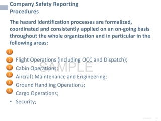 2/6/2024 10
SAMPLE
The hazard identification processes are formalized,
coordinated and consistently applied on an on-going basis
throughout the whole organization and in particular in the
following areas:
• Flight Operations (including OCC and Dispatch);
• Cabin Operations;
• Aircraft Maintenance and Engineering;
• Ground Handling Operations;
• Cargo Operations;
• Security;
1
2
3
4
5
6
Company Safety Reporting
Procedures
 