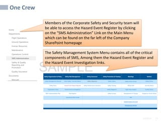 2/6/2024 11
SAMPLE
One Crew
The Safety Management System Menu contains all of the critical
components of SMS, Among them the Hazard Event Register and
the Hazard Event Investigation links.
Members of the Corporate Safety and Security team will
be able to access the Hazard Event Register by clicking
on the “SMS Administration” Link on the Main Menu
which can be found on the far left of the Company
SharePoint homepage
 