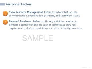 2/6/2024 28
SAMPLE
Personnel Factors
• Crew Resource Management: Refers to factors that include
communication, coordination, planning, and teamwork issues.
• Personal Readiness: Refers to off-duty activities required to
perform optimally on the job such as adhering to crew rest
requirements, alcohol restrictions, and other off-duty mandates.
1
2
 
