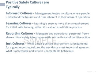 2/6/2024 39
SAMPLE
Positive Safety Cultures are
Typically
Informed Cultures - Management fosters a culture where people
understand the hazards and risks inherent in their areas of operation.
Learning Cultures - Learning is seen as more than a requirement
for initial skills training; rather it is valued as a lifetime process.
Reporting Cultures - Managers and operational personnel freely
share critical safety information without the threat of punitive action.
Just Cultures - While a non-punitive environment is fundamental
for a good reporting culture, the workforce must know and agree on
what is acceptable and what is unacceptable behaviour.
 