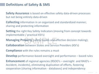 2/6/2024 42
SAMPLE
Definitions of Safety & SMS
Safety Assurance is based on effective safety data-driven processes
but not being entirely data-driven
Collecting information in an organized and standardized manner;
sharing and protecting information
Setting the right Key Safety Indicators (moving from concept towards
implementable / practical KSI’s)
Managing Properly (safety trends and effective decision making);
Collaboration between States and Service Providers (KSI’s)
Compliance with the rules remains a must
Develop performance-based oversight and performance – based rules
Enhancement of regional agencies (RSOO’s – oversight and RAIO’s –
Accident, incidents), eliminating duplication of efforts, fostering
cooperation (sharing information - databases) and independency
 