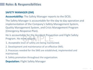 2/6/2024 98
SAMPLE
Roles & Responsibilities
SAFETY MANAGER (SM)
Accountability: The Safety Manager reports to the DCSS.
The Safety Manager is accountable for the day to day operation and
implementation of the Company's Safety Management System,
Quality Management System, and Crisis Management Program
(Emergency Response Plan).
He is accountable for the Accident Prevention and Flight Safety
Program. He must ensure;
1. Acceptable level of safety are being maintained;
2. Development and maintenance of an effective SMS;
3. Processes needed for the SMS are established, implemented and
maintained;
4. Safety promotion throughout the organization.
Deputation: Flight Safety Manager
 