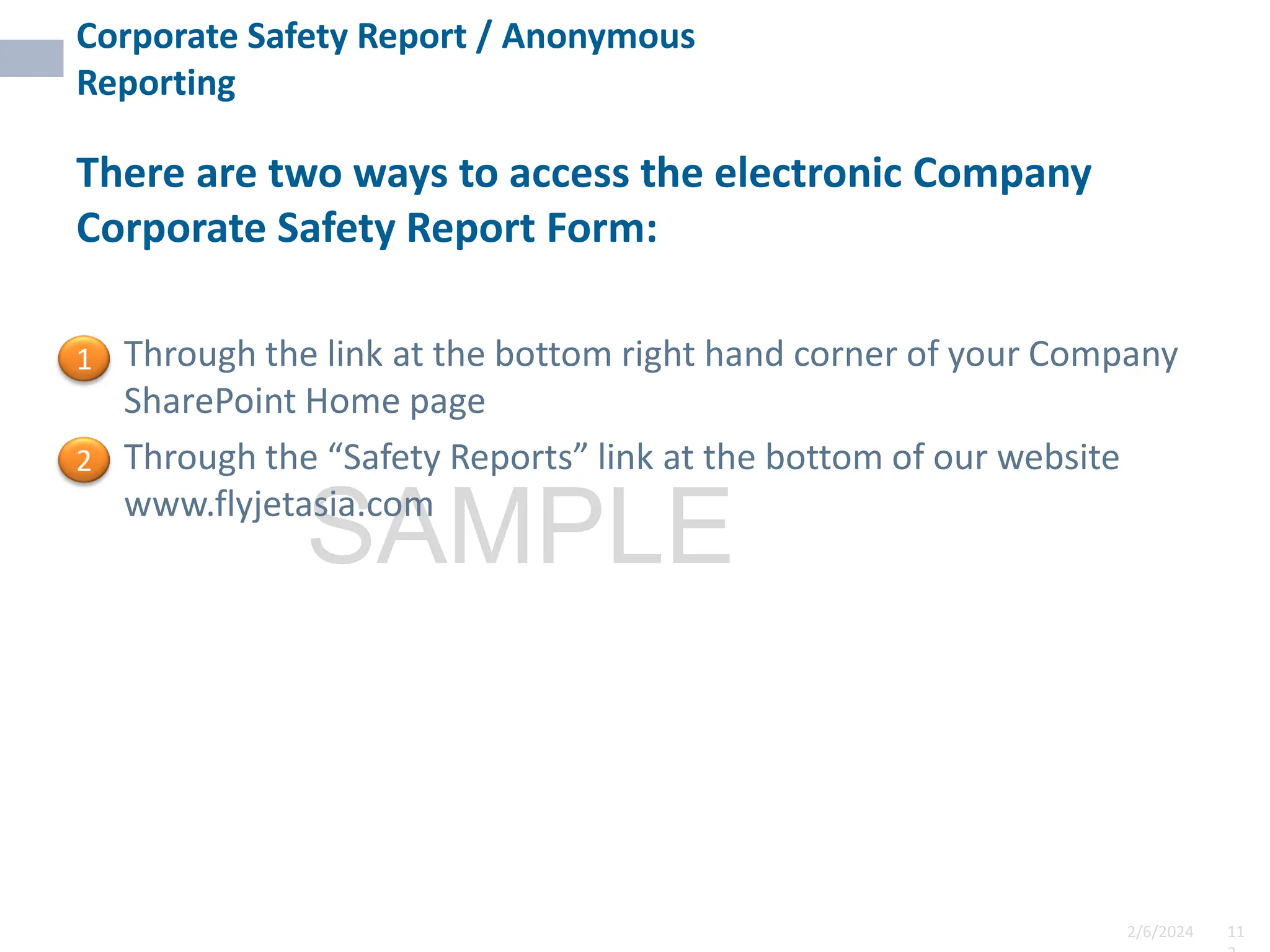 2/6/2024 11
SAMPLE
Corporate Safety Report / Anonymous
Reporting
There are two ways to access the electronic Company
Corporate Safety Report Form:
• Through the link at the bottom right hand corner of your Company
SharePoint Home page
• Through the “Safety Reports” link at the bottom of our website
www.flyjetasia.com
1
2
 