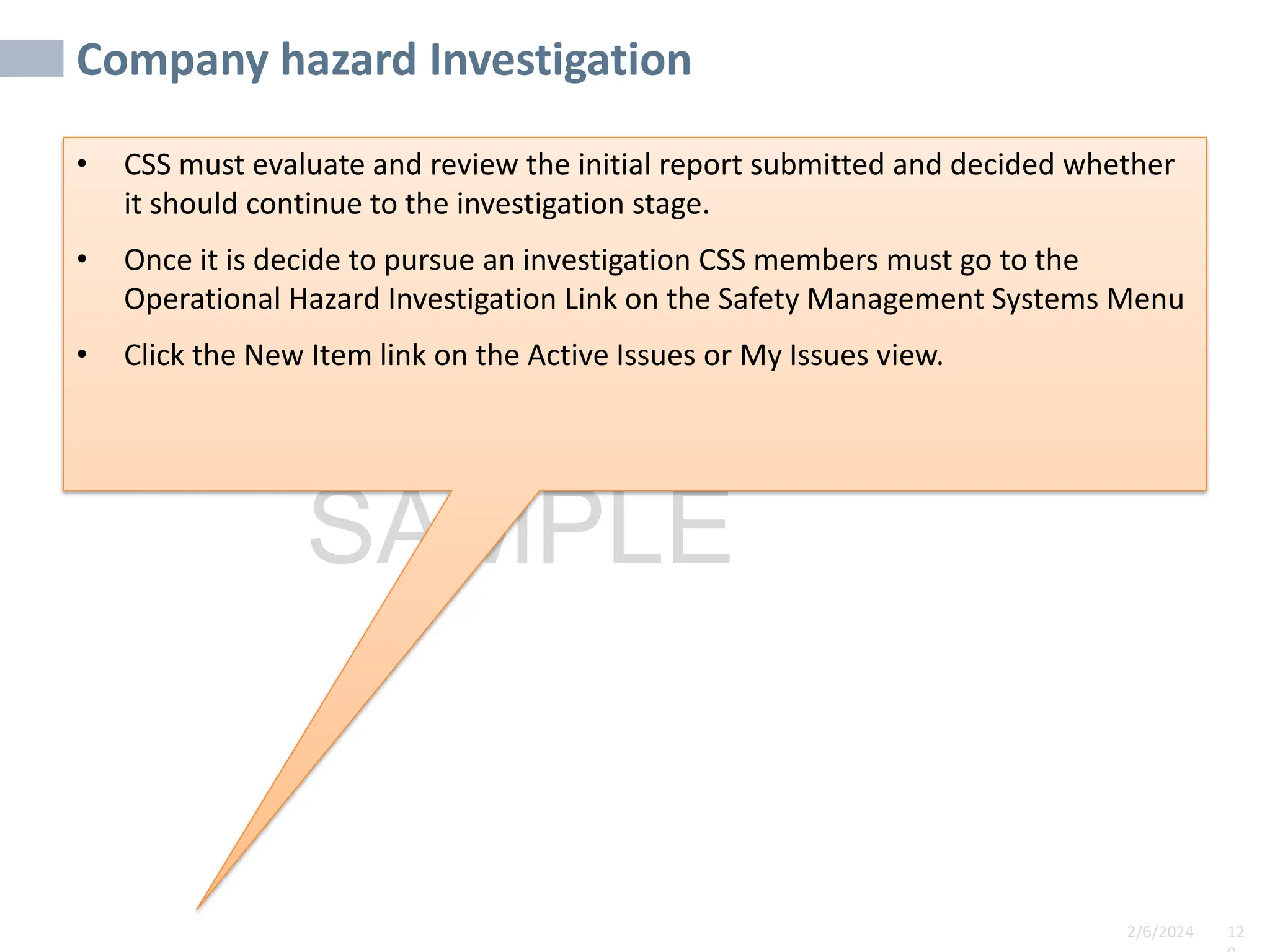 2/6/2024 12
SAMPLE
Company hazard Investigation
• CSS must evaluate and review the initial report submitted and decided whether
it should continue to the investigation stage.
• Once it is decide to pursue an investigation CSS members must go to the
Operational Hazard Investigation Link on the Safety Management Systems Menu
• Click the New Item link on the Active Issues or My Issues view.
 
