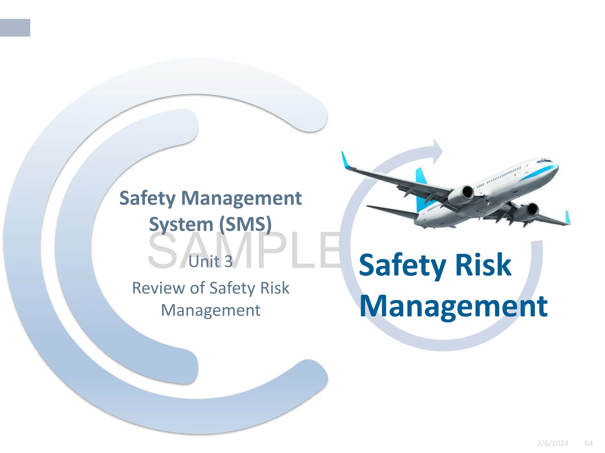 2/6/2024 64
SAMPLE
2/6/2024 64
Unit 3
Review of Safety Risk
Management
Safety Management
System (SMS)
Safety Risk
Management
 