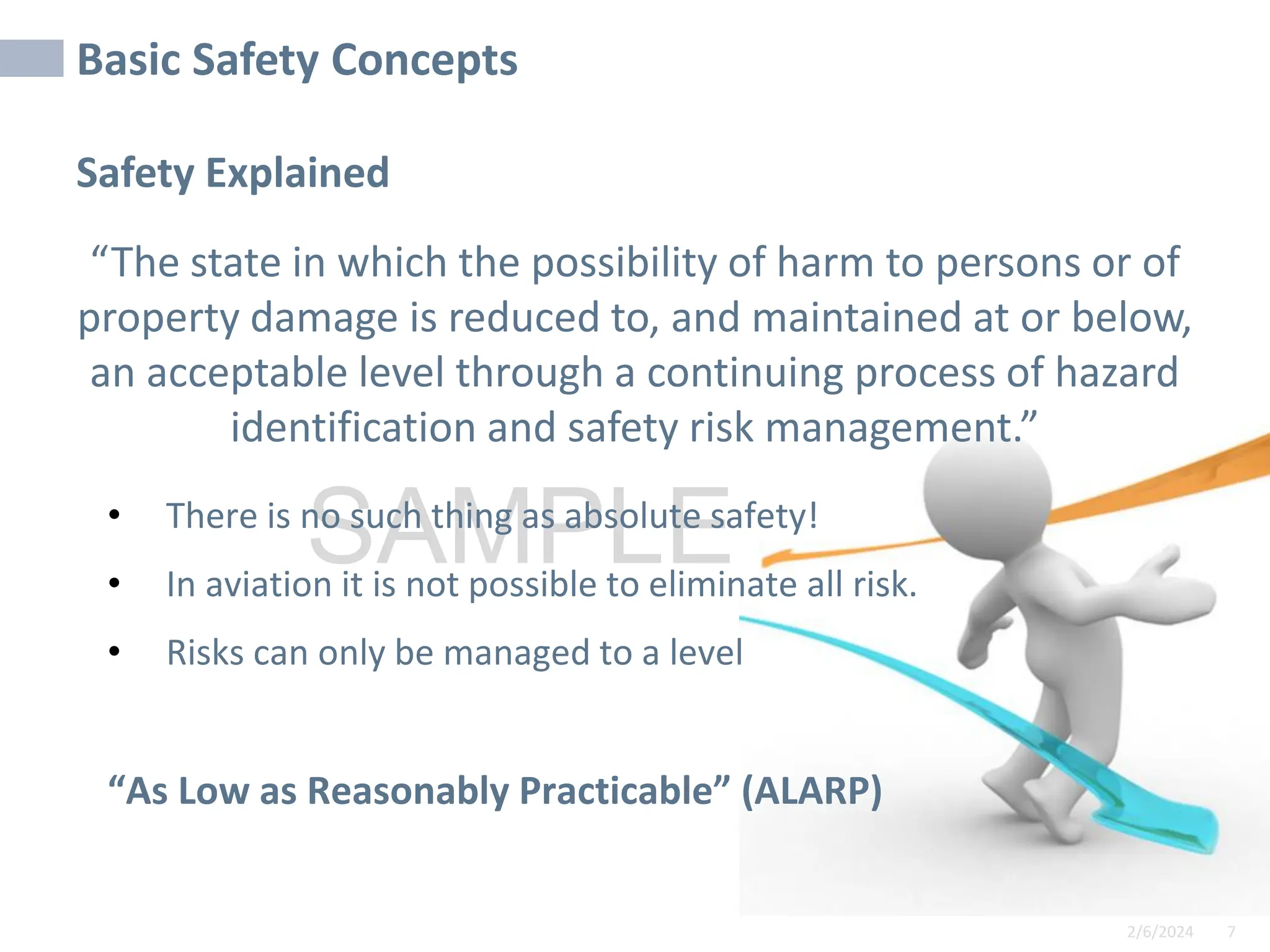 2/6/2024 7
SAMPLE
Basic Safety Concepts
Safety Explained
“The state in which the possibility of harm to persons or of
property damage is reduced to, and maintained at or below,
an acceptable level through a continuing process of hazard
identification and safety risk management.”
• There is no such thing as absolute safety!
• In aviation it is not possible to eliminate all risk.
• Risks can only be managed to a level
“As Low as Reasonably Practicable” (ALARP)
 