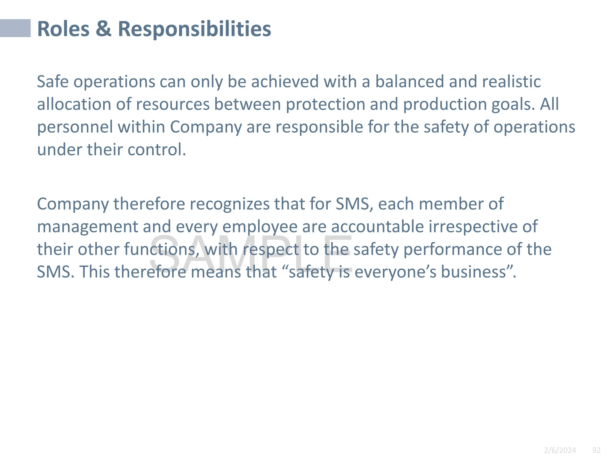 2/6/2024 92
SAMPLE
Roles & Responsibilities
Safe operations can only be achieved with a balanced and realistic
allocation of resources between protection and production goals. All
personnel within Company are responsible for the safety of operations
under their control.
Company therefore recognizes that for SMS, each member of
management and every employee are accountable irrespective of
their other functions, with respect to the safety performance of the
SMS. This therefore means that “safety is everyone’s business”.
 