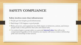 SAFETY COMPLIANCE
Safety involves more than infrastructure
People get hurt despite good infrastructure.
Bad things CAN happen to good people.
Rules, processes, and equipment have little impact on behaviors, actions, and choices
people make as they perform their jobs and related tasks.
As workers begin to accept safety as a personal internal value that will not be
compromised regardless of the situation, less injuries will occur, workers will develop
pride and ownership in their actions.
 