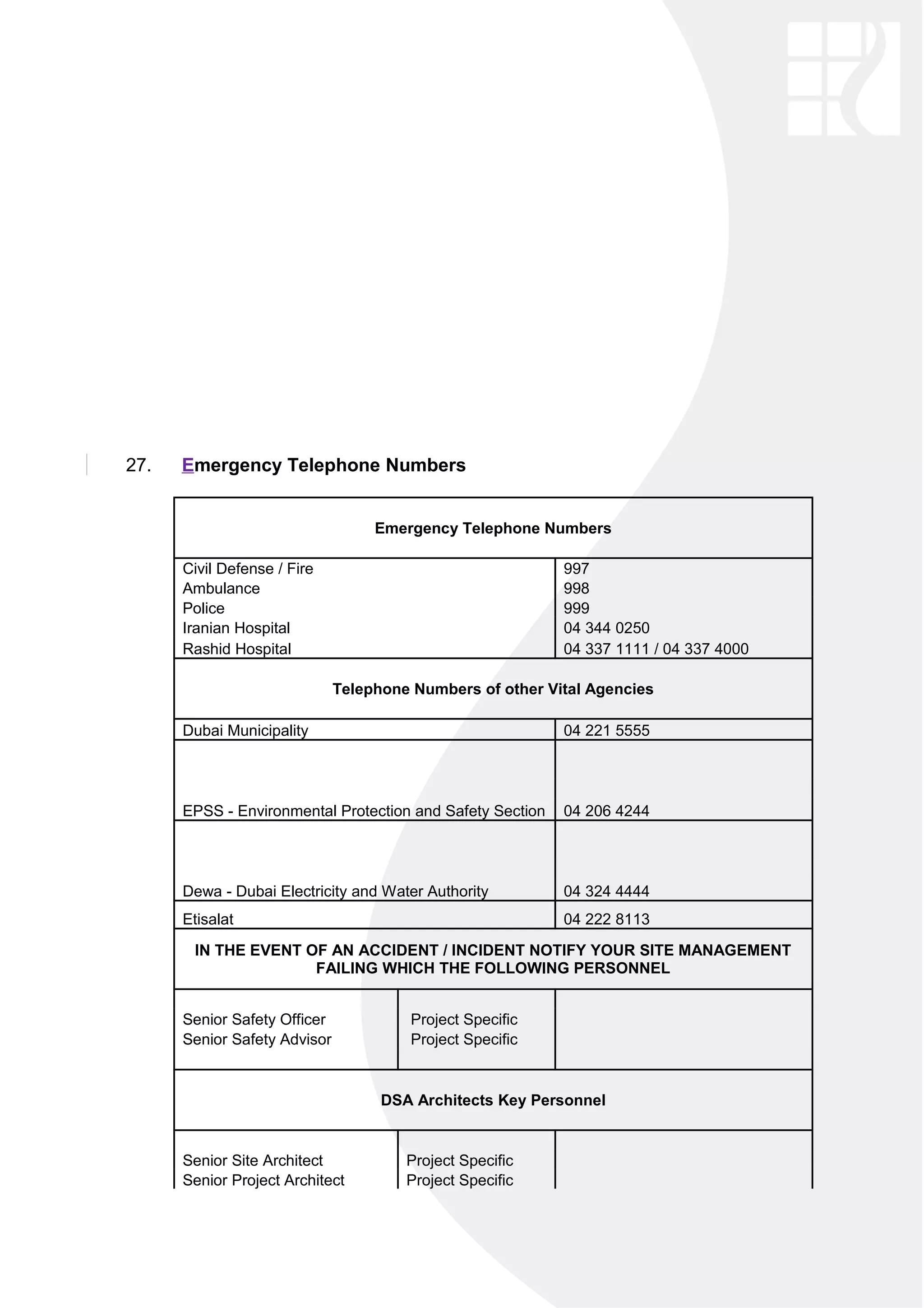 27. Emergency Telephone Numbers
Emergency Telephone Numbers
Civil Defense / Fire 997
Ambulance 998
Police 999
Iranian Hospital 04 344 0250
Rashid Hospital 04 337 1111 / 04 337 4000
Telephone Numbers of other Vital Agencies
Dubai Municipality 04 221 5555
EPSS - Environmental Protection and Safety Section 04 206 4244
Dewa - Dubai Electricity and Water Authority 04 324 4444
Etisalat 04 222 8113
IN THE EVENT OF AN ACCIDENT / INCIDENT NOTIFY YOUR SITE MANAGEMENT
FAILING WHICH THE FOLLOWING PERSONNEL
Senior Safety Officer Project Specific
Senior Safety Advisor Project Specific
DSA Architects Key Personnel
Senior Site Architect Project Specific
Senior Project Architect Project Specific
 