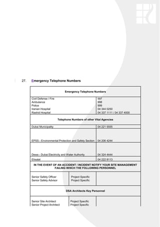 27. Emergency Telephone Numbers
Emergency Telephone Numbers
Civil Defense / Fire 997
Ambulance 998
Police 999
Iranian Hospital 04 344 0250
Rashid Hospital 04 337 1111 / 04 337 4000
Telephone Numbers of other Vital Agencies
Dubai Municipality 04 221 5555
EPSS - Environmental Protection and Safety Section 04 206 4244
Dewa - Dubai Electricity and Water Authority 04 324 4444
Etisalat 04 222 8113
IN THE EVENT OF AN ACCIDENT / INCIDENT NOTIFY YOUR SITE MANAGEMENT
FAILING WHICH THE FOLLOWING PERSONNEL
Senior Safety Officer Project Specific
Senior Safety Advisor Project Specific
DSA Architects Key Personnel
Senior Site Architect Project Specific
Senior Project Architect Project Specific
 