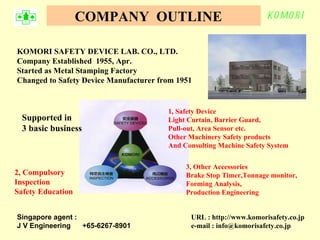 KOMORI SAFETY DEVICE LAB. CO., LTD. Company Established  1955, Apr.  Started as Metal Stamping Factory  Changed to Safety Device Manufacturer from 1951  COMPANY  OUTLINE Supported in  3 basic business 1, Safety Device Light Curtain, Barrier Guard, Pull-out, Area Sensor etc. Other Machinery Safety products And Consulting Machine Safety System 2, Compulsory Inspection  Safety Education  3, Other Accessories  Brake Stop Timer,Tonnage monitor,  Forming Analysis, Production Engineering URL : http://www.komorisafety.co.jp e-mail : info@komorisafety.co.jp Singapore agent :  J V Engineering  +65-6267-8901  