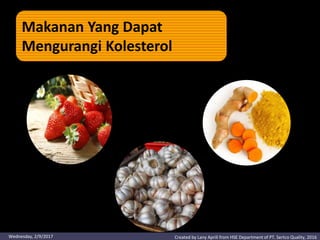 Makanan Yang Dapat
Mengurangi Kolesterol
Created by Lany Aprili from HSE Department of PT. Sertco Quality, 2016Wednesday, 2/9/2017
 