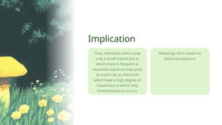 Thus, chemicals which pose
only a small hazard but to
which there is frequent or
excessive exposure may pose
as much risk as chemicals
which have a high degree of
hazard but to which only
limited exposure occurs.
Implication
Reducing risk is based on
reducing exposure.
 