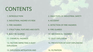 15. EXPLOSION MITIGATION AND
7. STRUCTURAL FEATURES AND EXITS
4. ACCIDENT
1. INTRODUCTION
CONTENTS
10. MECHANICAL HAZARDS
5. FIRE HAZARDS
2. OBJECTIVES OF INDUSTRIAL SAFETY
16. FILTRATION
11. CHEMICAL HAZARDS
9. BUILT IN GUARDS
14. PREVENTION OF DUST EXPLOSIONS
6. DETECTION OF FIRE HAZARDS
12. DUST EXPLOSION
3. INDUSTRIAL HAZARD V/S RISK
8. FIRE GUARDS
13. FACTORS IMPACTING A DUST
EXPLOSION
 