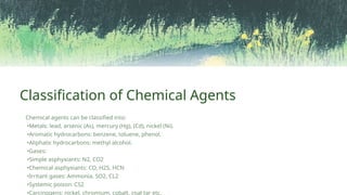 Chemical agents can be classified into:
•Metals: lead, arsenic (As), mercury (Hg), (Cd), nickel (Ni).
•Aromatic hydrocarbons: benzene, toluene, phenol.
•Aliphatic hydrocarbons: methyl alcohol.
•Gases:
•Simple asphyxiants: N2, CO2
•Chemical asphyxiants: CO, H2S, HCN
•Irritant gases: Ammonia, SO2, CL2
•Systemic poison: CS2
•Carcinogens: nickel, chromium, cobalt, coal tar etc.
Classification of Chemical Agents
 