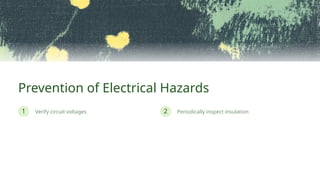 2
1
Prevention of Electrical Hazards
Periodically inspect insulation
Verify circuit voltages
 