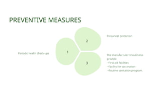 2
3
1
PREVENTIVE MEASURES
Periodic health check-ups
Personnel protection
The manufacturer should also
provide:
•First aid facilities
•Facility for vaccination
•Routine sanitation program.
 