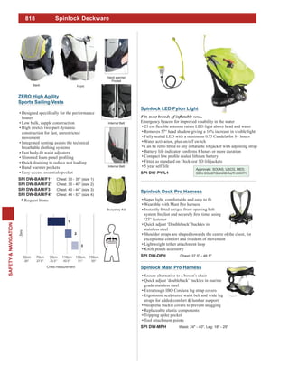 818
SAFETY&NAVIGATION
ZERO High Agility
Sports Sailing Vests
boater
Low bulk, supple construction
High stretch two-part dynamic
construction for fast, unrestricted
movement
Integrated venting assists the technical
breathable clothing systems
Quick draining to reduce wet loading
Hand warmer pockets
Easy-access essentials pocket
SPI DW-BAM/F1* Chest: 30 - 35” (size 1)
SPI DW-BAM/F2* Chest: 35 - 40” (size 2)
SPI DW-BAM/F3 Chest: 40 - 44” (size 3)
SPI DW-BAM/F4* Chest: 44 - 53” (size 4)
* Request Items
Hand warmer
Pocket
Internal Belt
Internal Belt
Buoyancy Aid
FrontBack
Spinlock Mast Pro Harness
Secure alternative to a bosun’s chair
Quick adjust ‘doubleback’ buckles in marine
grade stainless steel
Extra tough IBQ Cordura leg strap covers
Ergonomic sculptured waist belt and wide leg
straps for added comfort & lumbar support
Neoprene buckle covers to prevent snagging
Replaceable elastic components
Tripping spike pocket
Tool attachment points
SPI DW-MPH Waist: 24" - 40", Leg: 18" - 25"
Spinlock Deck Pro Harness
Wearable with Mast Pro harness
‘2T’ fastener
Quick adjust ‘Doubleback’ buckles in
stainless steel
Shoulder straps are shaped towards the centre of the chest, for
exceptional comfort and freedom of movement
Lightweight tether attachment loop
Knife pouch accessory
SPI DW-DPH Chest: 37.5" - 46.5"
Spinlock Deckware
Spinlock LED Pylon Light
Emergency beacon for improved visability in the water
Removes 57° head shadow giving a 14% increase in visible light
Fully sealed LED with a minimum 0.75 Candela for 8+ hours
Water activation, plus on/off switch
Fitted as standard on Deckvest 5D lifejackets
5 year self life
SPI DW-PY/L1
Approvals: SOLAS, USCG, MED,
CDN COASTGUARD AUTHORITY
 