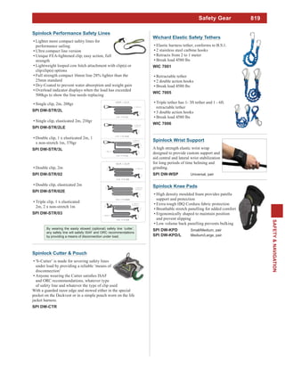 819
SAFETY&NAVIGATION
Spinlock Wrist Support
A high strength elastic wrist wrap
designed to provide custom support and
aid central and lateral wrist stabilization
for long periods of time helming and
grinding.
SPI DW-WSP Universal, pair
Spinlock Knee Pads
High density moulded foam provides patella
support and protection
Extra tough IBQ Cordura fabric protection
Breathable stretch panelling for added comfort
Ergonomically shaped to maintain position
and prevent slipping
Low volume back panelling prevents bulking
SPI DW-KPD Small/Medium, pair
SPI DW-KPD/L Medium/Large, pair
Spinlock Performance Safety Lines
Lighter more compact safety lines for
performance sailing
Ultra compact line version
strength
Lightweight looped cow hitch attachment with clip(s) or
clip/clip(s) options
Full strength compact 16mm line 28% lighter than the
25mm standard
Dry-Coated to prevent water absorption and weight gain
Overload indicator displays when the load has exceeded
500kgs to show the line needs replacing
By wearing the easily stowed (optional) safety line ‘cutter’,
any safety line will satisfy ISAF and ORC recommendations
by providing a means of disconnection under load.
Single clip, 2m, 208gr
SPI DW-STR/2L
Single clip, elasticated 2m, 210gr
SPI DW-STR/2LE
Double clip, 1 x elasticated 2m, 1
x non-stretch 1m, 370gr
SPI DW-STR/3L
Double clip, 2m
SPI DW-STR/02
Double clip, elasticated 2m
SPI DW-STR/02E
Triple clip, 1 x elasticated
2m, 2 x non-stretch 1m
SPI DW-STR/03
Spinlock Cutter & Pouch
'S-Cutter’ is made for severing safety lines
under load by providing a reliable ‘means of
disconnection’
and ORC recommendations, whatever type
of safety line and whatever the type of clip used
With a guarded razor edge and stowed either in the special
pocket on the Deckvest or in a simple pouch worn on the life
jacket harness.
SPI DW-CTR
Wichard Elastic Safety Tethers
Elastic harness tether, conforms to B.S.1.
2 stainless steel carbine hooks
Retracts from 2 to 1 meter
Break load 4580 lbs
WIC 7001
Retractable tether
2 double action hooks
Break load 4580 lbs
WIC 7005
Triple tether has 1- 3ft tether and 1 - 6ft.
retractable tether
3 double action hooks
Break load 4580 lbs
WIC 7006
Safety Gear
 