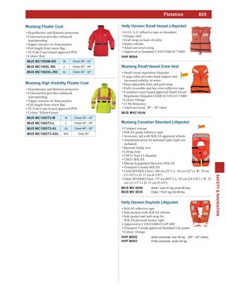 825
SAFETY&NAVIGATION
Mustang High Visibility Floater Coat
Construction provides enhanced
Zipper closures on front pockets
TC/Cdn Coast Guard approved PFD
Colour: Yellow/Green
MUS MC1505T3-M M Chest 38" - 42"
MUS MC1505T3-L L Chest 42" - 46"
MUS MC1505T3-XL XL Chest 46" - 50"
MUS MC1505T3-XXL XXL Over 50"
Mustang Floater Coat
Construction provides enhanced
Zipper closures on front pockets
TC/Cdn Coast Guard approved PFD
Colour: Red
MUS MC1505M-RD M Chest 38" - 42"
MUS MC1505L-RD L Chest 42" - 46"
MUS MC1505XL-RD XL Chest 46" - 50"
Flotation
Helly Hansen Small Vessel Lifejacket
Orange shell
Grab strap on back of collar
Safety whistle
Adult universal sizing
Approved to Standard CAN/CGSB 65.7-M88
HHP M504
Helly Hansen Keyhole Lifejacket
Side pockets with SOLAS whistle
Side pocket and web strap for
SOLAS personal locator light
Approved to CAN/CGSB 65-GP-14M
Transport Canada approved Standard Life jacket
Colour: Orange
HHP M502 Adult universal, over 40 kg (30" - 50" chest)
HHP M503 Child universal, under 40 kg
Mustang Canadian Standard Lifejacket
Compact storage
Accessory tab with SOLAS approved whistle
Attachment point for personal light (light not
included)
Buoyant buddy line
Lifting loop
USCG Type I Lifejacket
USCG SOLAS
Marine Equipment Directive SOLAS
Transport Canada SOLAS
Child MV8035 Chest: 140 cm (55"), L: 56 cm (22") x W: 29 cm
(11-3/8") x D: 11 cm (4-3/8")
Adult MV8040 Chest: 175 cm (695"), L: 63 cm (24-3/4") x W: 32
cm (12-1/2") x D: 15 cm (5-3/4")
MUS MV 8040 Adult / over 41 kg (over 90 lbs)
MUS MV 8035 Child / 15-41 kg (33-90 lbs
Mustang Small Vessel Crew Vest
Small vessel regulation lifejacket
Large collar provides head support and
increased stability in water.
Dual adjustable belts and grab strap
Canadian Coast Guard approved Small Vessel
Regulation lifejacket CGSB #CAN2-65.7-M88
Colour: Orange
21 lbs bouyancy
Adult universal, 30" - 50" chest
MUS MVC10UN
 