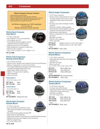 832
SAFETY&NAVIGATION
Compasses
Ritchie Sport Compass
Dash Mount
2” Direct read card
Fits standard 2-1/16” instrument hole
View adjusts up to 30°
hardened steel pivot dial movement
Built-in green nitevu LED lighting
High temperature composite construction
Directive force magnets
Dia: 2-3/16" x Cutout: 2-1/16" x Depth: 3-1/4"
RIT X-21BB
Ritchie Sport Compass
Bracket Mount
2” Direct read card
Easy-to-install on windshield or dash
Two-sided, self-adhesive mounting pads
included
Reversible bracket adjusts through 300°
Internal green night lighting
High temp composite construction for extended operating range
Hardened steel pivot and sapphire jewel movement
Built-in compensators
H: 2-3/16" x Dia: 2-7/8"
RIT X-10-M
Internal green night illumination
Built-in compensators to easily adjust for deviation
Matched sapphire jewel & hardened steel pivot dial movement
Powerful directive force magnets for fast heading lock-on
High temperature composite construction
All Ritchie compasses are 100% repairable
and are backed by
Ritchie Explorer Compasses
Bracket Mount
2-3/4” Direct read card
Adjustable and removable with bracket and
thumbscrews
Movable sun shield
Direct read card
H: 4-13/16" x W: 4-7/16" x Dia: 3-5/8"
RIT B-51 Black w/Black dial
RIT B-51-G Grey w/Blue dial
RIT B-51-W White w/White dial
Parts:
RIT EX-0004XSP Blk mounting bracket
RIT EX-0005-2 Bulbs, 2/pkg
Ritchie Trek Compasses
Bracket & Deck Mount
2-1/4” Direct read card
Directive force magnets and composite dial for fast performance
Built-in compensators to correct for deviation
Extra large diaphragm and rugged construction provide
extended operating temperature range
High-impact rubber accent strip
Built-in, 12V green nitevu lighting
100% repairable
Direct read card
Bracket Mount
H: 2-7/8" x Dia: 3-1/2"
RIT TR-31 Black
RIT TR-31W White
Surface Mount
H: 2-7/8" x Dia: 3"
RIT TR-33 Black
RIT TR-33W White
Parts:
RIT EX-0005-2 Replacement bulb TR-33
TR-31
Ritchie Angler Compasses
2-3/4” Direct read card
Surface mount with push-button removal
for quick storage and security or easily
adjustable bracket mount with thumb-
screws
blue dial
Distinctive Ritchie Angler graphics
hardened steel pivot dial movement
Internal green night lighting
Built-in compensators to easily adjust for
deviation
Movable sun shield
Directive force magnets
100% repairable
RIT RA-91 Bracket mount (H: 4-11/16" x Dia: 3-5/8")
RIT RA-93 Surface mount (H: 2-7/8" x Dia: 3-5/8")
Parts:
RIT EX-0005-2 Bulbs, 2/pkg
RA-91
RA-93
Ritchie Explorer Compasses
Surface Mount
2-3/4" Direct read card
Quick push-button removal of compass
module for storage and security
Movable sun shield
H: 2-7/8" x Dia: 3-5/8"
RIT S-53 Black w/Black dial
RIT S-53W White w/White dial
RIT S-53-G Grey w/Blue dial
Parts:
RIT EX-0005-2 Bulbs, 2/pkg
 