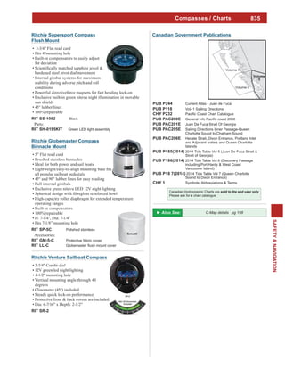 835
SAFETY&NAVIGATION
Compasses / Charts
C-Map details pg 198
Canadian Government Publications
PUB P244 Current Atlas - Juan de Fuca
PUB P118 Vol.-1 Sailing Directions
CHY P232
PUB PAC200E
PUB PAC201E Juan De Fuca Strait Of Georgia
PUB PAC205E Sailing Directions Inner Passage-Queen
Charlotte Sound to Chatham Sound
PUB PAC206E Hecate Strait, Dixon Entrance, Portland Inlet
and Adjacent waters and Queen Charlotte
Islands
PUB P185(2014) 2014 Tide Table Vol 5 (Juan De Fuca Strait &
Strait of Georgia)
PUB P186(2014) 2014 Tide Table Vol 6 (Discovery Passage
including Port Hardy & West Coast
Vancouver Island)
PUB P18 7(2014) 2014 Tide Table Vol 7 (Queen Charlotte
Sound to Dixon Entrance)
CHY 1 Symbols, Abbreviations & Terms
Ritchie Globemaster Compass
Binnacle Mount
5” Flat read card
Brushed stainless binnacles
Ideal for both power and sail boats
all popular sailboat pedestals
45° and 90° lubber lines for easy reading
Full internal gimbals
Exclusive green nitevu LED 12V night lighting
High-capacity roller diaphragm for extended temperature
operating ranges
Built-in compensators
100% repairable
H: 7-1/4", Dia: 7-1/4"
Fits 7-1/8” mounting hole
RIT SP-5C Polished stainless
Accessories:
RIT GM-5-C Protective fabric cover
RIT LL-C
Ritchie Venture Sailboat Compass
3-3/4" Combi-dial
12V green led night lighting
4-1/2" mounting hole
Vertical mounting angle through 40
degrees
Clinometer (45°) included
Steady quick lock-on performance
Protective front & back covers are included
Dia: 6-7/16" x Depth: 2-1/2"
RIT SR-2
Ritchie Supersport Compass
Flush Mount
3-3/4" Flat read card
Fits 4"mounting hole
Built-in compensators to easily adjust
for deviation
hardened steel pivot dial movement
Internal gimbal systems for maximum
stability during adverse pitch and roll
conditions
Powerful directiveforce magnets for fast heading lock-on
Exclusive built-in green nitevu night illumination in movable
sun shields
45° lubber lines
100% repairable
RIT SS-1002 Black
Parts:
RIT SH-0195KIT Green LED light assembly
Canadian Hydrographic Charts are
Please ask for a chart catalogue
 