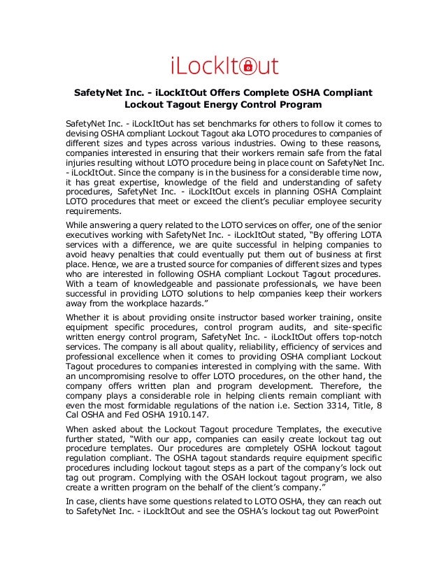 Safety net inc. ilockitout offers complete osha compliant lockout