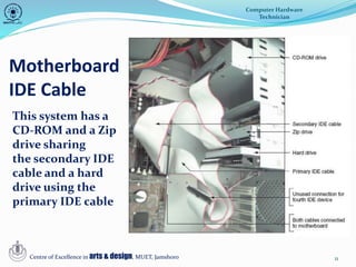11
Motherboard
IDE Cable
Computer Hardware
Technician
Centre of Excellence in arts & design, MUET, Jamshoro
This system has a
CD-ROM and a Zip
drive sharing
the secondary IDE
cable and a hard
drive using the
primary IDE cable
 