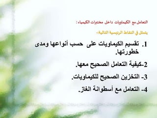 ‫الكيمياء‬‫ات‬‫ر‬‫مختب‬ ‫داخل‬ ‫الكيماويات‬ ‫مع‬ ‫التعامل‬
:
‫الرئيسية‬ ‫النقاط‬ ‫في‬‫يتمثل‬
‫التالية‬
:
-
.1
‫تقسيم‬
‫ومدى‬ ‫أنواعها‬ ‫حسب‬ ‫على‬ ‫الكيماويات‬
‫خطورتها‬
.
2
-
‫الصحيح‬ ‫التعامل‬ ‫كيفية‬
‫معها‬
.
3
-
‫الصحيح‬ ‫التخزين‬
‫للكيماويات‬
.
4
-
‫أسطوانة‬ ‫مع‬ ‫التعامل‬
‫الغاز‬
.
 