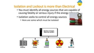Isolation and Lockout is more than Electrical
• You must identify all energy sources that are capable of
causing fatality or serious injury if the energy released
• Isolation seeks to control all energy sources
• Here are some which must be isolated
Hazardous Energies
Requiring Isolation
Electrical Thermal Chemical Radiation Mechanical
 