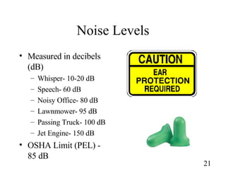 Noise Levels <ul><li>Measured in decibels (dB) </li></ul><ul><ul><li>Whisper- 10-20 dB </li></ul></ul><ul><ul><li>Speech- ...
