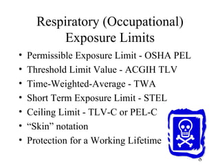 Respiratory (Occupational) Exposure Limits <ul><li>Permissible Exposure Limit - OSHA PEL </li></ul><ul><li>Threshold Limit...