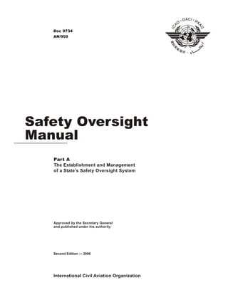 International Civil Aviation Organization
Approved by the Secretary General
and published under his authority
Safety Oversight
Manual
Second Edition — 2006
Doc 9734
AN/959
Part A
The Establishment and Management
of a State’s Safety Oversight System
 