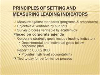Measure against standards (programs & procedures) Objective & verifiable by auditors Survey process verifiable by academics Placed on corporate agenda Corporate strategic goals include leading indicators Departmental and individual goals follow corporate plan Report to CEO & BOD Provides high level accountability Tied to pay for performance process 