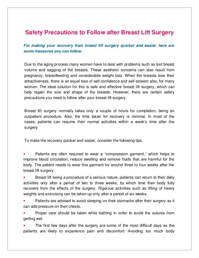 Safety Precautions to Follow after Breast Lift Surgery
