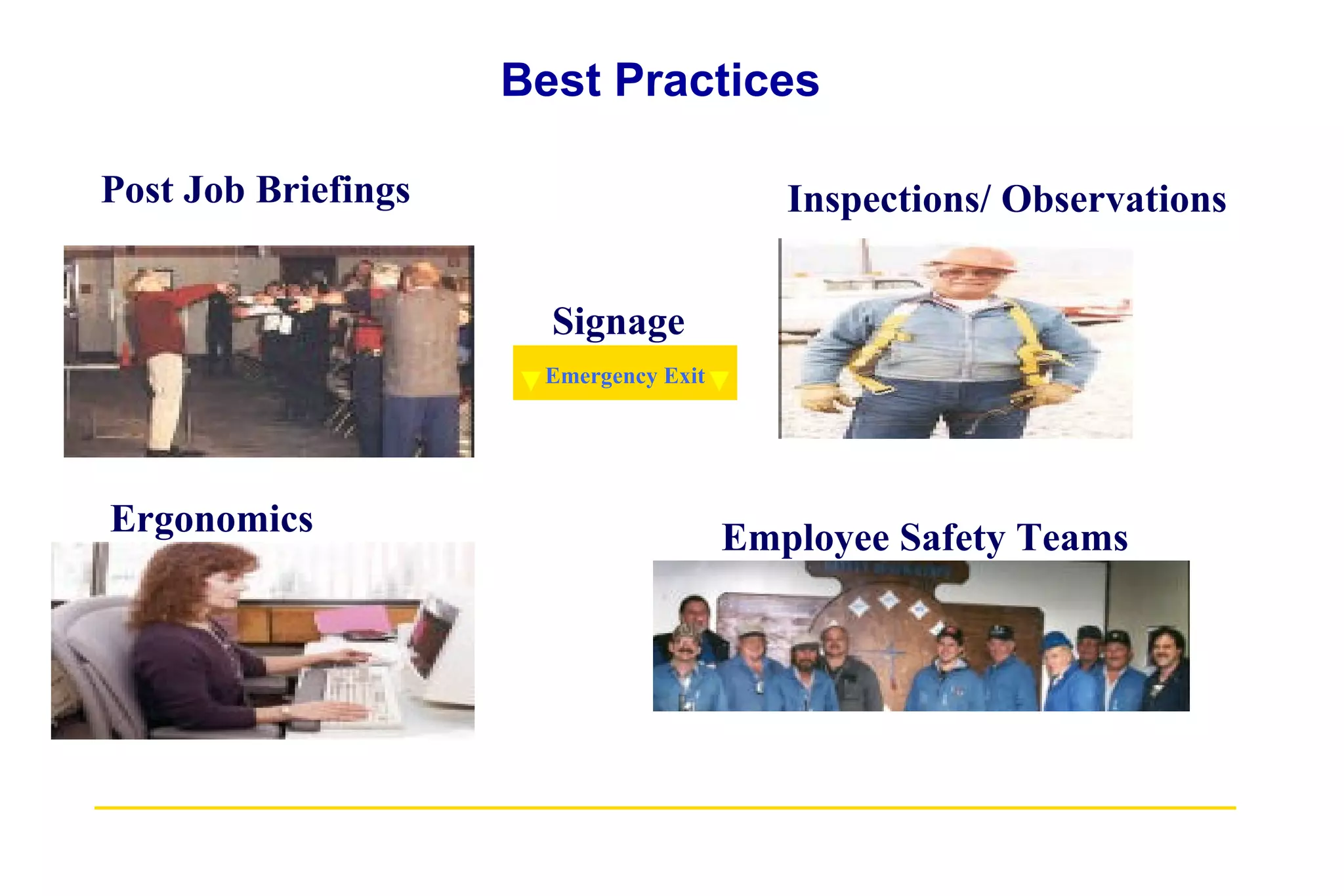 Best Practices  Post Job Briefings Inspections/ Observations Ergonomics Employee Safety Teams Emergency Exit Signage 