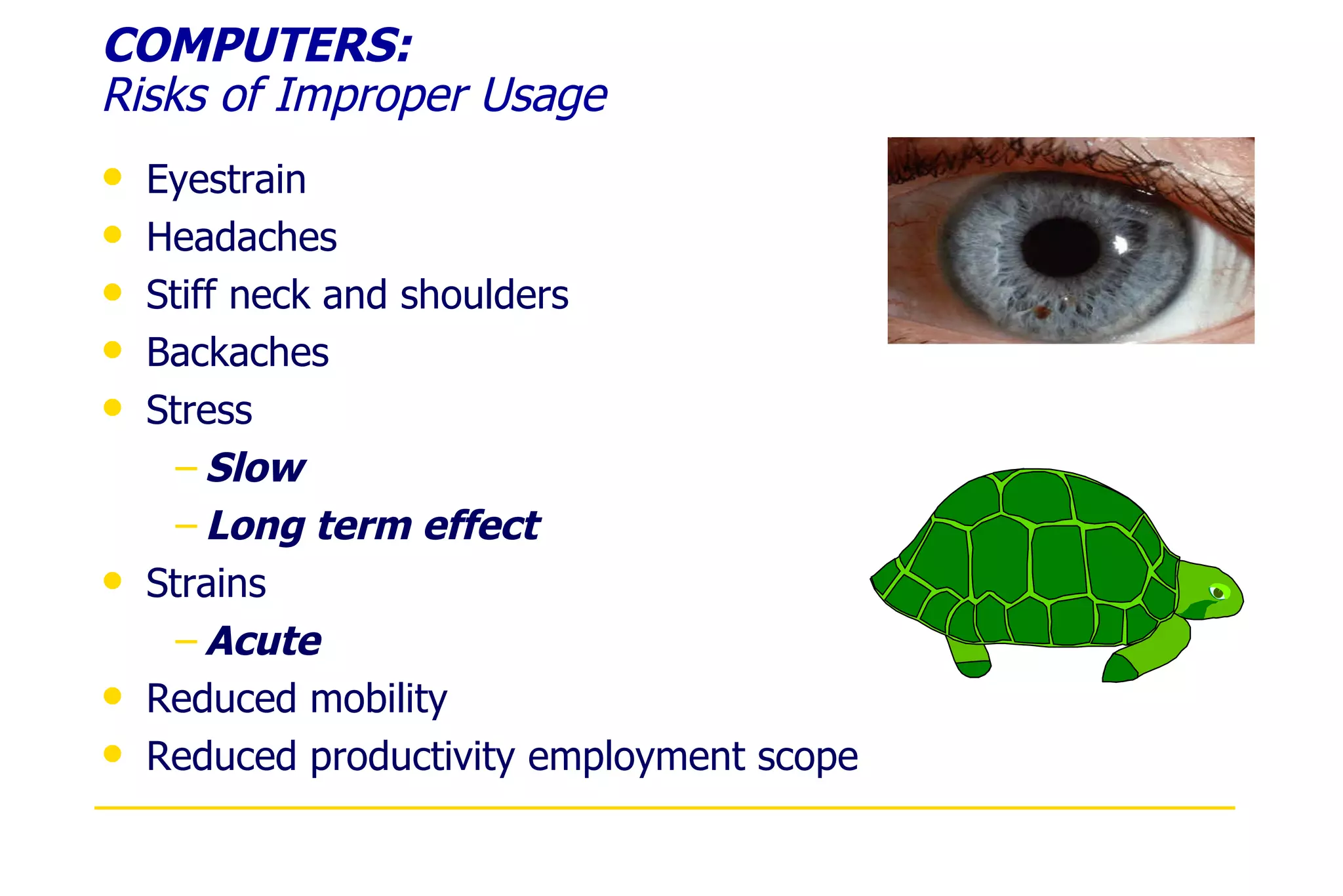 COMPUTERS: Risks of Improper Usage Eyestrain Headaches Stiff neck and shoulders Backaches Stress Slow Long term effect Strains Acute Reduced mobility Reduced productivity employment scope 