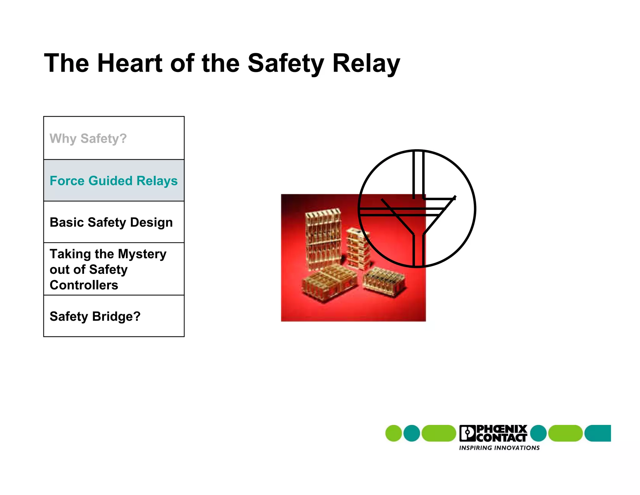 The Heart of the Safety Relay

Why Safety?


Force Guided Relays


Basic Safety Design

Taking the Mystery
out of Safety
Controllers

Safety Bridge?
 