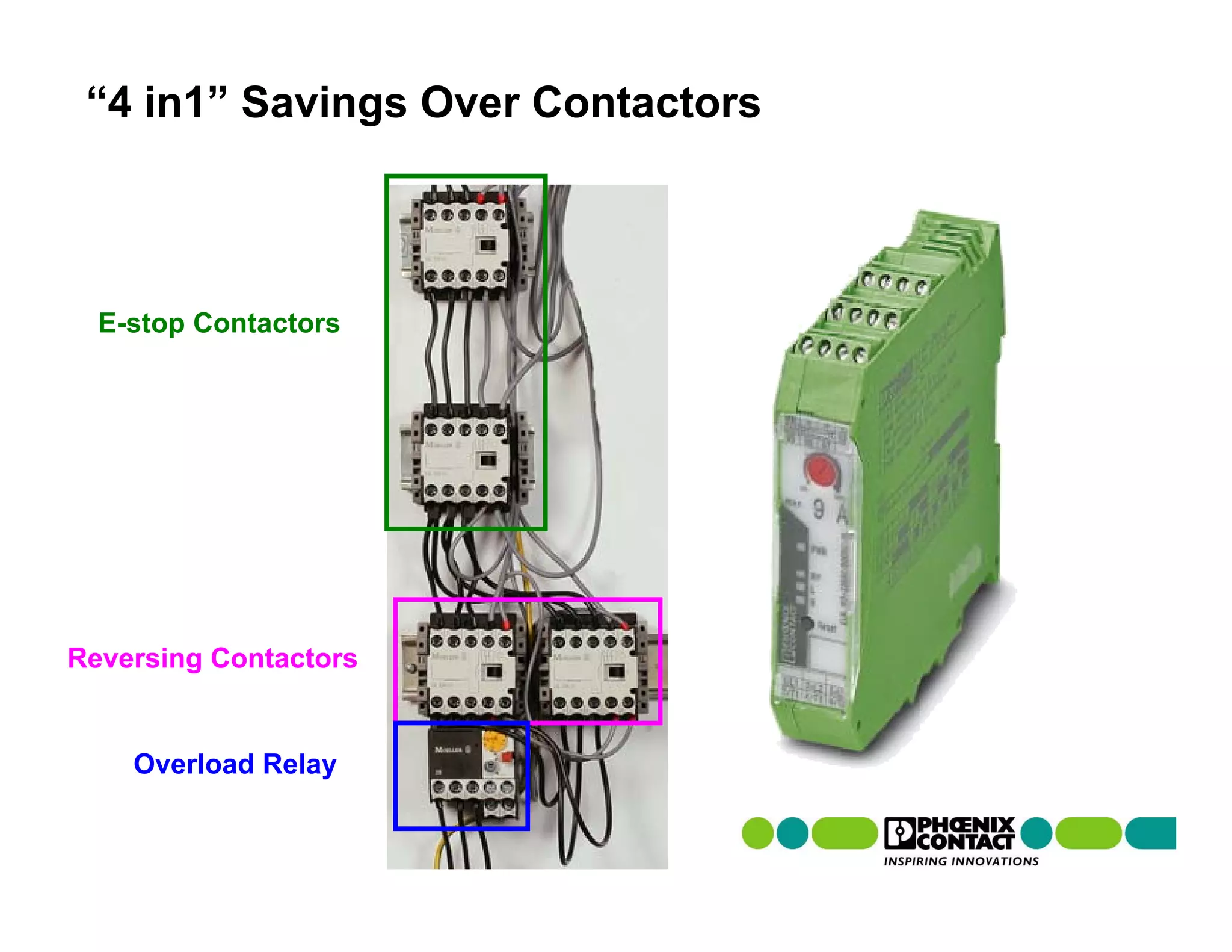 “4 in1” Savings Over Contactors



  E-stop Contactors




Reversing Contactors


    Overload Relay
 